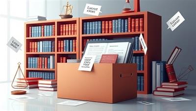 An imaginative design featuring a digital library filled with legal books and documents, surrounded by a subscription box offering a variety of legal content, symbolizing access to a wealth of legal knowledge through subscription.