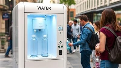 A sleek and modern water purification kiosk with a transparent panel showing the filtration process, located in a bustling urban setting with people filling up reusable bottles, highlighting convenience and sustainability in water access.