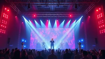 An artistic representation of a virtual concert stage with a captivating light show, musicians performing energetically, and a digital audience interacting through chat and virtual applause, creating a lively and immersive concert experience.