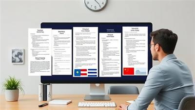 A virtual meeting setup with legal documents in multiple languages displayed on a computer screen, with a professional translator conducting a legal translation session, symbolizing precise and confidential legal translation services for international clients.