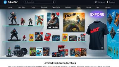 An online marketplace interface showcasing a variety of gaming merchandise items such as figurines, posters, apparel, and limited edition collectibles, with vibrant graphics and user-friendly navigation, inviting visitors to explore and discover unique gaming treasures.