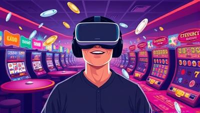 An illustration of a person wearing a VR headset, surrounded by virtual casino tables and slot machines, with digital chips floating in the air, capturing the excitement and futuristic aspect of the VR Casino Quest.