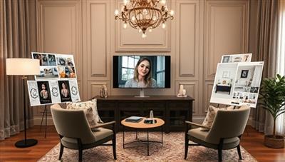 An elegant virtual design studio setup featuring a designer conducting a video consultation with a client, surrounded by digital mood boards, fabric swatches, and room layout sketches, illustrating a sophisticated and personalized interior design experience.