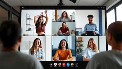 A virtual corporate wellness session scene with employees participating in a team workout challenge, mindfulness practice, or wellness seminar via video conference, showcasing teamwork, engagement, and well-being in a remote work setting.