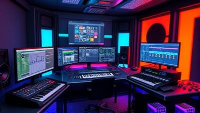A vibrant and futuristic digital music production studio setup, featuring a creative workspace with multiple screens displaying music production software interfaces, MIDI controllers, and musical instruments, evoking a dynamic and innovative music production environment.
