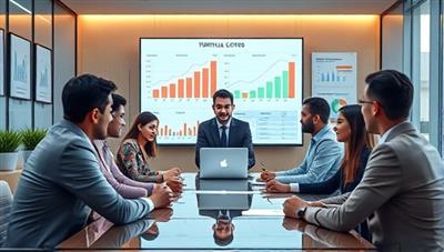 An engaging visual of a virtual CFO interacting with a diverse group of business owners in a virtual meeting room, surrounded by financial charts and projections, symbolizing strategic financial guidance and collaboration.