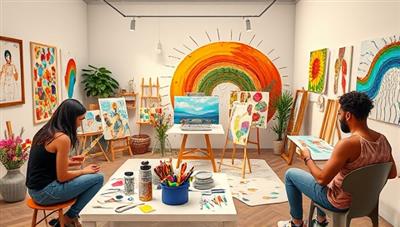An inspiring and creative virtual art studio setup with individuals immersed in artistic activities, surrounded by vibrant colors, art supplies, and expressive artworks, capturing the therapeutic and transformative essence of ArtHeart Wellness's art therapy sessions.