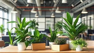 An eco-friendly office setting with green plants, recycled paper products, and energy-efficient lighting, symbolizing sustainability and environmental consciousness in the workplace.