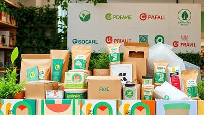 An assortment of eco-friendly packaging materials displayed on a vibrant marketplace platform, showcasing colorful biodegradable boxes, compostable wrapping materials, and recyclable packaging options, set against a backdrop of lush greenery and eco-conscious branding elements, representing sustainability and innovation in packaging solutions.
