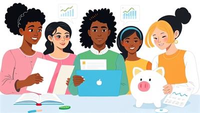 An illustration of a diverse group of individuals engaging in financial planning activities like budgeting, investing, and saving, with financial charts and piggy banks symbolizing financial growth and wealth building, conveying the theme of financial empowerment and education.