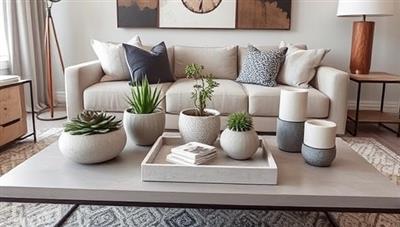 A contemporary living room vignette featuring a selection of bespoke concrete decor pieces, including planters, trays, and candle holders, arranged on a sleek coffee table against a backdrop of minimalist furniture and urban accents, highlighting the modern and industrial appeal of the products.