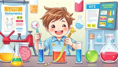 An imaginative illustration of a child joyfully conducting a science experiment from one of the DIY kits, surrounded by colorful test tubes, beakers, and educational posters, capturing the essence of hands-on learning and discovery.