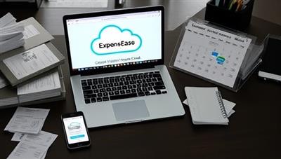 An office desk setup with a laptop displaying the ExpenseEase Cloud platform interface, surrounded by digital receipts, a smartphone scanning receipts, and a calendar with expense deadlines, illustrating efficient expense management and organization in a digital environment.