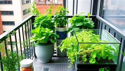 An urban apartment balcony transformed into a lush aquaponics garden, showcasing vibrant greens, herbs, and a small fish tank, illustrating the sustainable and space-efficient nature of Aquavert Farms' subscription service.