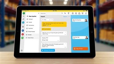 An interactive virtual assistant interface displayed on a tablet device, featuring a chatbot providing support for warehouse tasks, inventory queries, and order processing, demonstrating the user-friendly and efficient nature of WareAssist in enhancing warehouse operations.