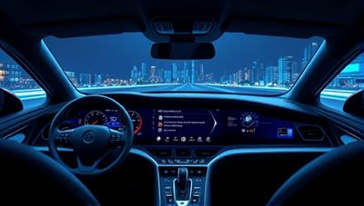 An illustration of a futuristic dashboard displaying AI AutoCare notifications for upcoming maintenance tasks, with a sleek and modern car interior in the background, highlighting convenience and advanced technology.