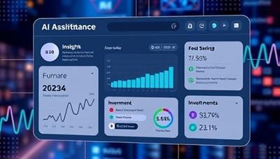 A sleek AI assistant interface mockup displaying personalized financial insights, budget recommendations, and investment suggestions, set against a futuristic digital backdrop, symbolizing convenience and efficiency in personal finance management.