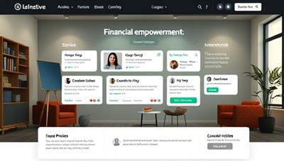 An online financial empowerment marketplace interface displaying a variety of services, expert profiles, and user testimonials, with a virtual meeting room ambiance, financial empowerment quotes, and icons representing coaching, investments, and planning, promoting a sense of trust and expertise.