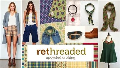 A digital collage featuring stylish upcycled outfits, recycled fabric swatches, eco-friendly accessories, and sustainable fashion labels, creating a visually appealing and eco-conscious representation of the ReThreaded marketplace for upcycled clothing.