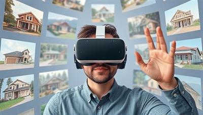 An individual wearing a VR headset, surrounded by digital representations of various real estate properties, experiencing a virtual property tour with a sense of excitement and exploration.