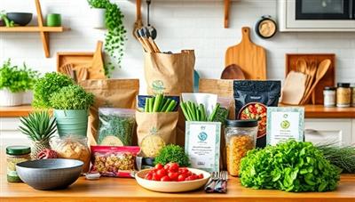 A vibrant kitchen scene with the plant-based meal prep kit ingredients neatly organized, accompanied by recipe cards and cooking utensils, exuding freshness, health, and sustainability in GreenEats Delight's plant-based meal solutions.