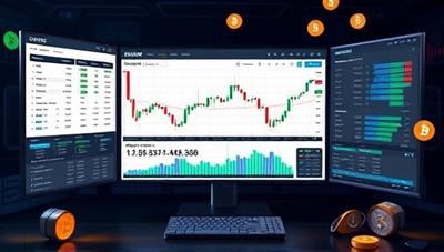 A dynamic trading simulator interface displaying cryptocurrency charts, trading tools, and market data in a virtual trading environment, surrounded by digital currency symbols and trading indicators, symbolizing a risk-free learning experience in cryptocurrency trading.