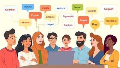 A diverse group of individuals from different cultures engaging in an animated online language exchange session, with speech bubbles in various languages floating around them, symbolizing global connectivity and cultural exchange.