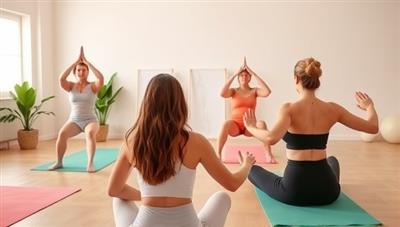 A virtual beauty fitness class in session, featuring an instructor leading a glow-up workout with participants practicing skincare yoga poses and beauty meditation techniques, creating a harmonious blend of beauty and wellness practices in an online setting.