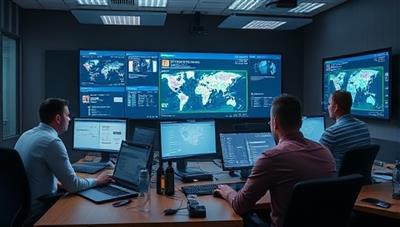 A crisis war room setting with team members coordinating response efforts, analyzing data on screens, and communicating with stakeholders, demonstrating the preparedness and resilience expertise of Resilient Strategies Co. in managing crises effectively.