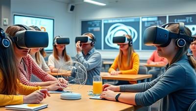 An engaging VR classroom scene with students wearing headsets, interacting with virtual objects and simulations, creating a futuristic and dynamic educational setting.