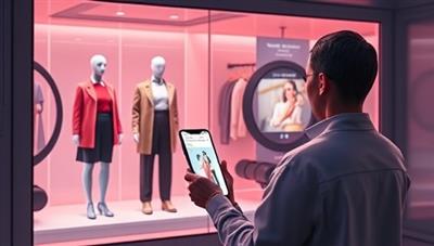 An engaging and futuristic digital illustration of a user interacting with the app, trying on virtual outfits in a virtual fitting room, with AI-powered style suggestions displayed on a sleek interface, showcasing convenience and fashion-forward technology.