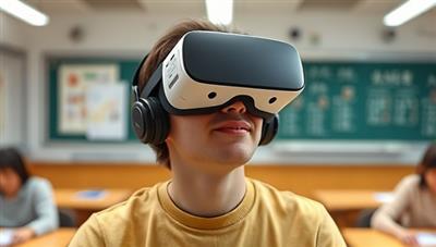 An individual wearing a VR headset immersed in a virtual classroom setting, practicing a new language with an AI tutor and interacting with virtual classmates, showcasing the innovative and engaging language learning experience.