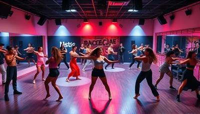 A dynamic virtual dance studio setup with diverse dancers practicing different styles, instructors leading classes, and a vibrant atmosphere filled with music and movement, capturing the energy and excitement of a live dance studio experience.