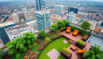 An aerial view photograph of a vibrant rooftop garden oasis with lush greenery, colorful flowers, and seating areas, overlooking a bustling cityscape, highlighting the contrast between nature and urban living.