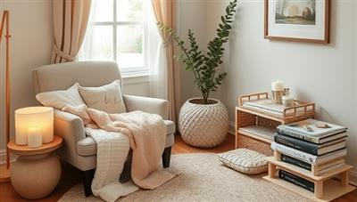 A serene self-care sanctuary featuring a cozy reading corner with a plush armchair, soft blankets, a selection of calming teas, scented candles, a meditation cushion, and a stack of self-care journals, inviting viewers to unwind and recharge in a peaceful setting.