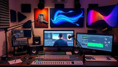 An array of podcasting equipment and creative elements like microphones, soundproof booths, editing software interfaces, and colorful graphics, symbolizing the diverse range of services offered by PodCrafters in enhancing podcast production quality.