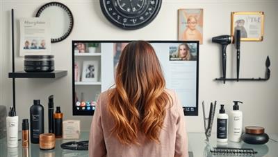 A virtual hair consultation setup with a hairstylist analyzing hair health on a video call, surrounded by haircare products, styling tools, and visual aids, exuding professionalism and expertise in haircare solutions.