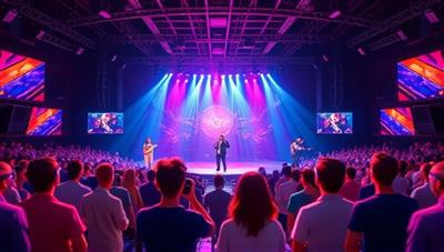 A virtual concert hall filled with animated avatars of attendees enjoying a vibrant music performance on stage, colorful lighting effects, and interactive chat features, capturing the essence of a virtual reality concert experience on the platform.