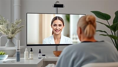 A virtual skincare clinic environment with a professional esthetician conducting a skin analysis consultation on a client through a video call, surrounded by skincare products, treatment devices, and a tranquil setting, projecting expertise and personalized care in the skincare industry.
