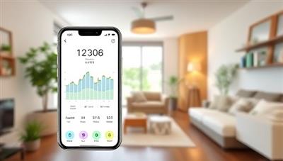 An innovative app interface showing real-time energy consumption data with interactive controls for smart devices, set against a backdrop of a modern, eco-friendly home interior.