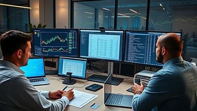 A modern office setup with a team of accountants reviewing digital ledgers and crypto transaction records on multiple screens, surrounded by blockchain graphics and crypto hardware wallets, highlighting the expertise and specialization of CryptoLedger Consult in cryptocurrency accounting.