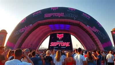 An outdoor festival scene with a massive inflatable structure towering over the crowd, adorned with vibrant brand logos and interactive elements, creating a focal point of excitement and engagement, with attendees taking photos and interacting with the installation.