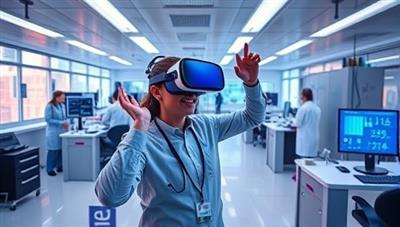 An immersive VR environment featuring a user exploring a digital representation of a workplace, interacting with virtual colleagues and completing tasks related to a specific profession, creating a stimulating and informative career exploration experience.
