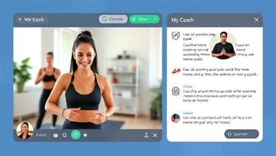 A virtual fitness coaching session featuring a coach demonstrating exercise routines, providing nutritional advice, and motivating the client to achieve their fitness goals, illustrating the personalized and supportive coaching offered by the platform.