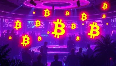 A vibrant digital landscape with glowing cryptocurrency symbols hovering in the air, symbolizing the futuristic and lucrative nature of digital investments in the club.