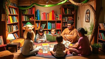 A whimsical storytelling corner with colorful storybooks, props, and a group of children engrossed in a storytelling workshop, sharing their imaginative tales and creating a magical storytelling atmosphere filled with creativity and wonder.