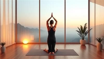 A tranquil virtual yoga studio with soft lighting, calming music, and a virtual yoga instructor guiding a peaceful yoga practice, surrounded by serene nature visuals, creating a soothing and rejuvenating space for mindfulness and inner peace.
