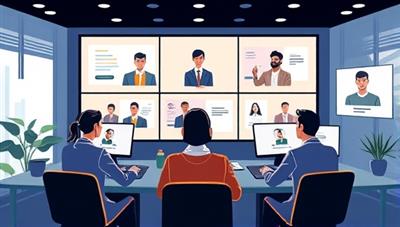 An illustration showing a diverse group of professionals in a virtual meeting room, engaging in a career coaching session with digital screens displaying career tips and strategies, symbolizing growth and development.