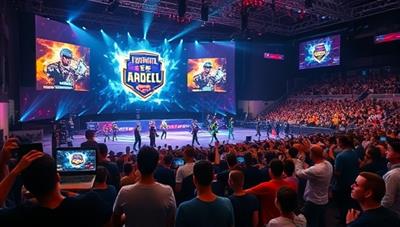 An electrifying scene of a live-streamed gaming tournament with players competing on stage, a cheering virtual audience interacting through chat and special features, and dynamic graphics enhancing the immersive experience for viewers.