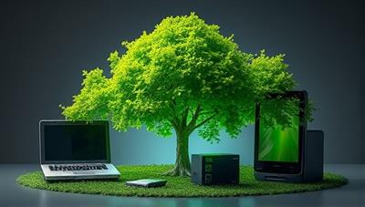An artistic representation of electronic devices being transformed into vibrant green trees, symbolizing the sustainable impact of tech recycling and the ecological benefits of responsible e-waste management.